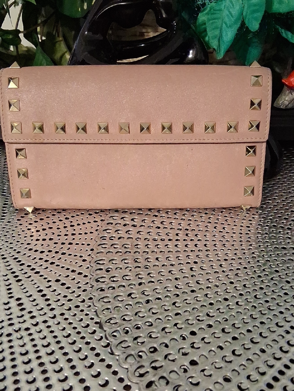 Valentino Garavani Blush Pink Leather Studded Fold-Over Clutch/Wallet